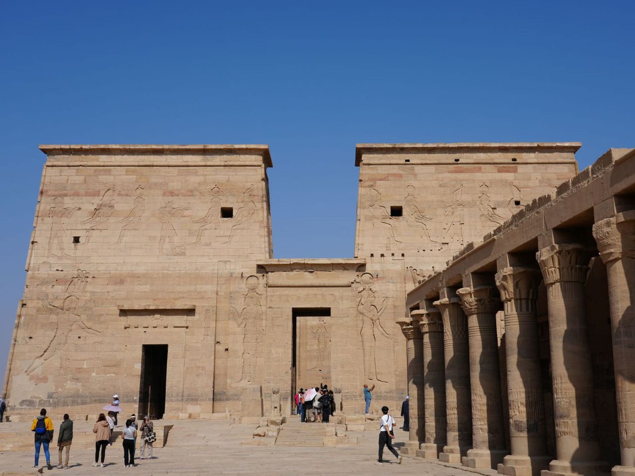The grand first pylon and elegant colonnades of Philae Temple
