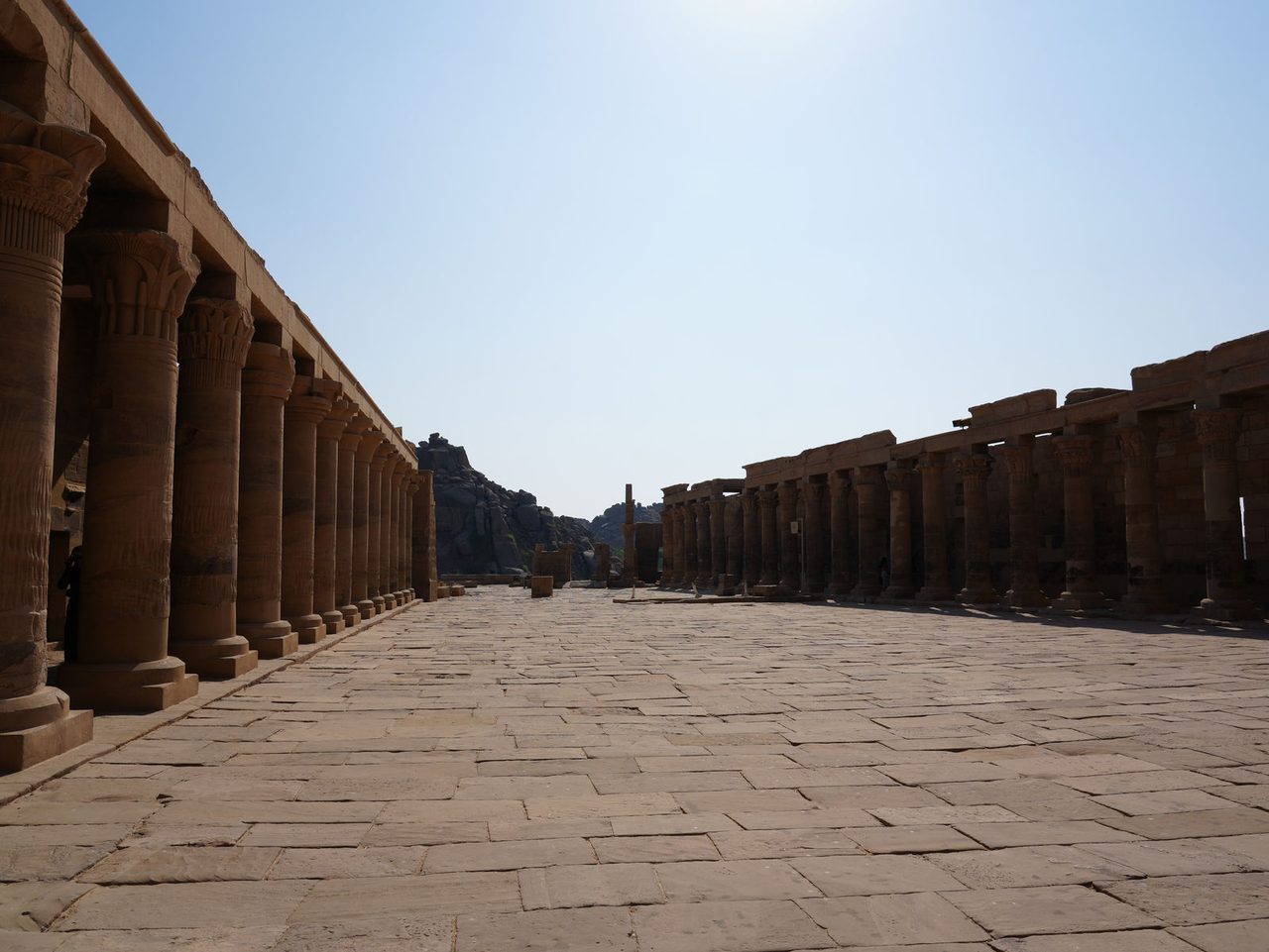 The majestic colonnades framing the grand forecourt of Philae Temple