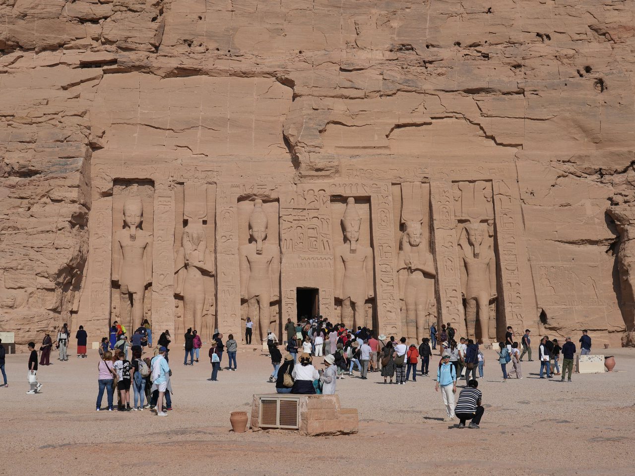 The stunning rock-cut facade of the Small Temple of Abu Simbel dedicated to Queen Nefertari
