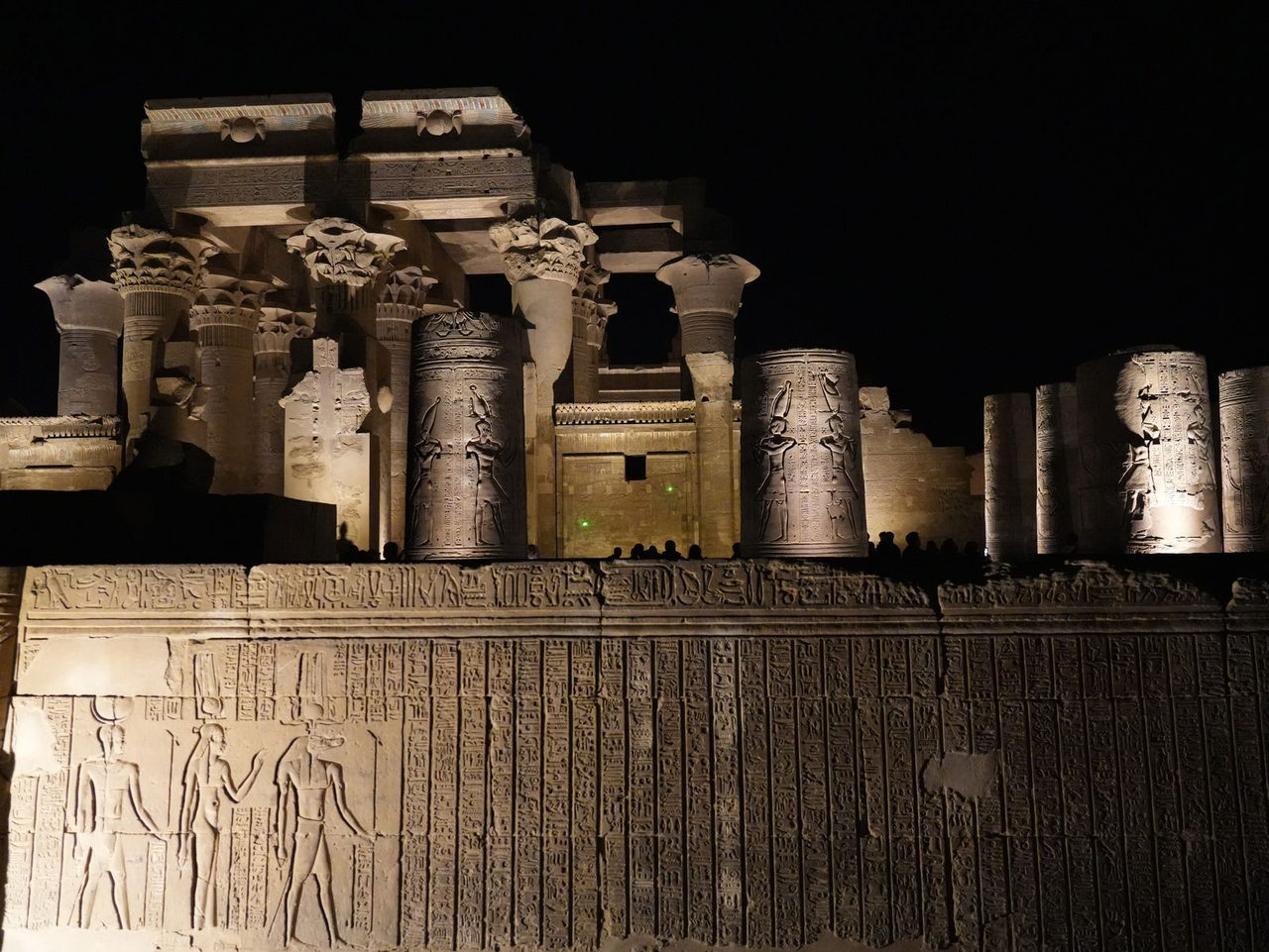 The stunningly lit reliefs and hieroglyphs at the Temple of Kom Ombo