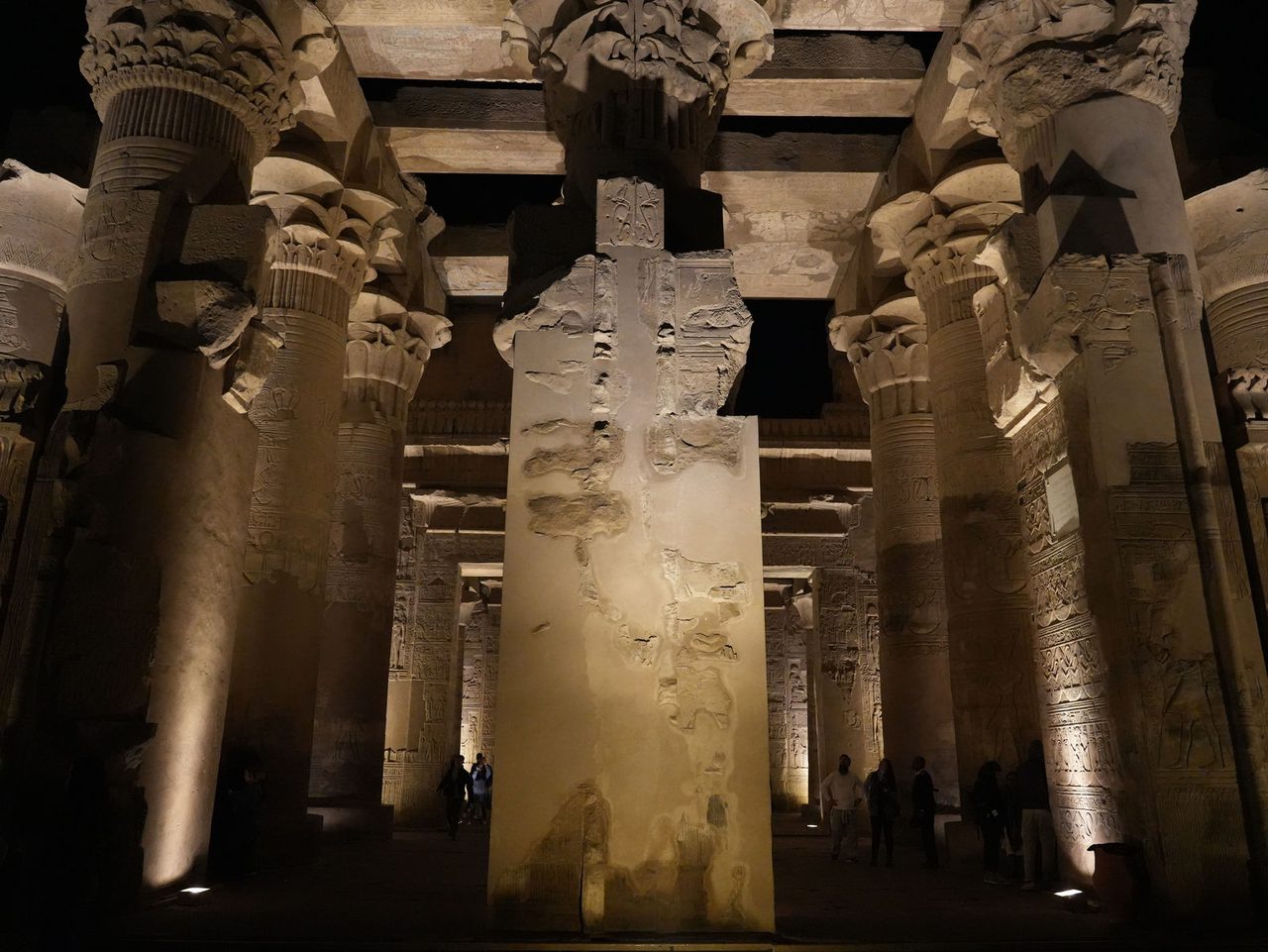 The breathtaking inner hypostyle hall of the Temple of Kom Ombo at night