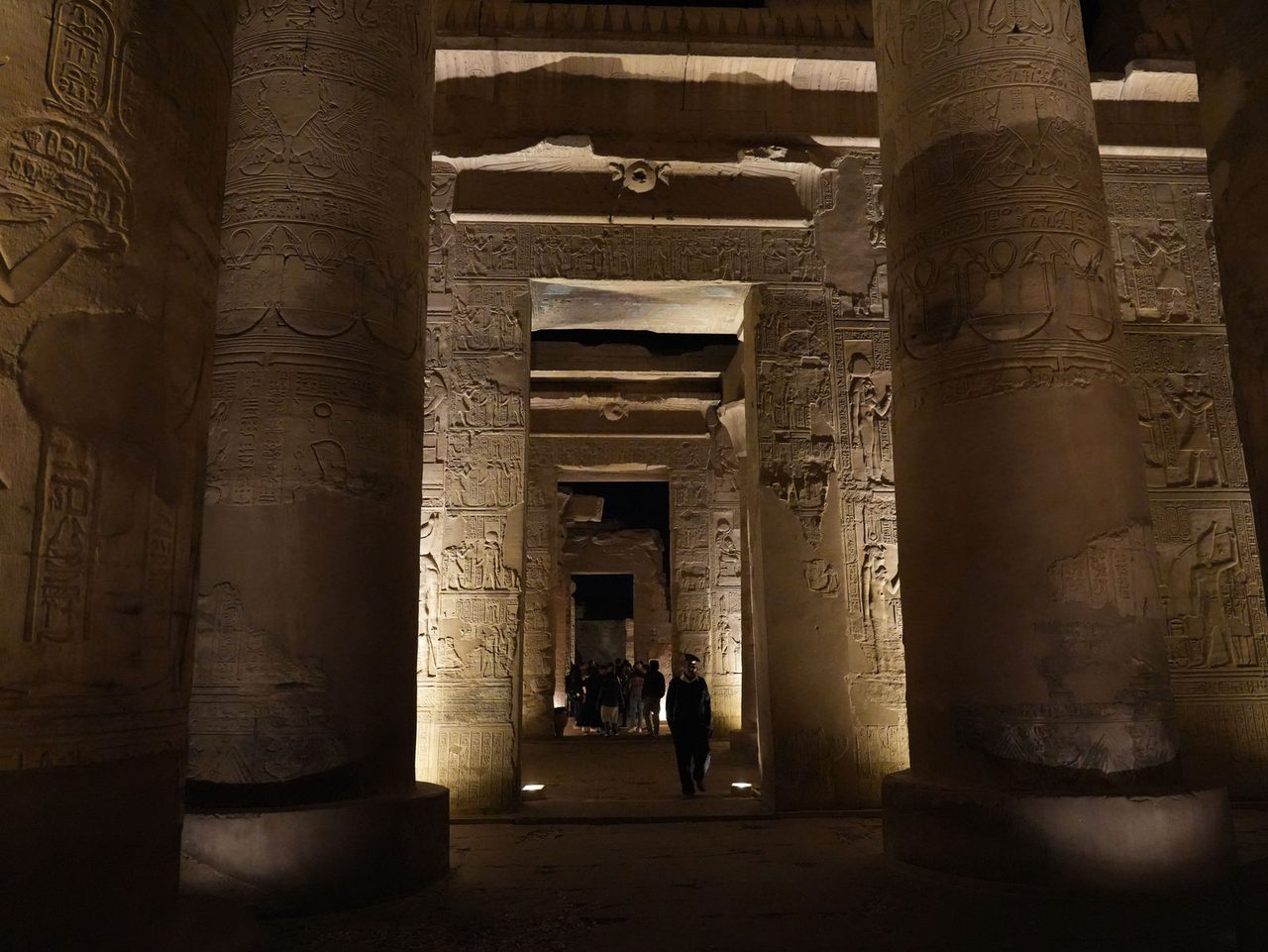 The majestic aligned stone gateways deep inside the Temple of Kom Ombo