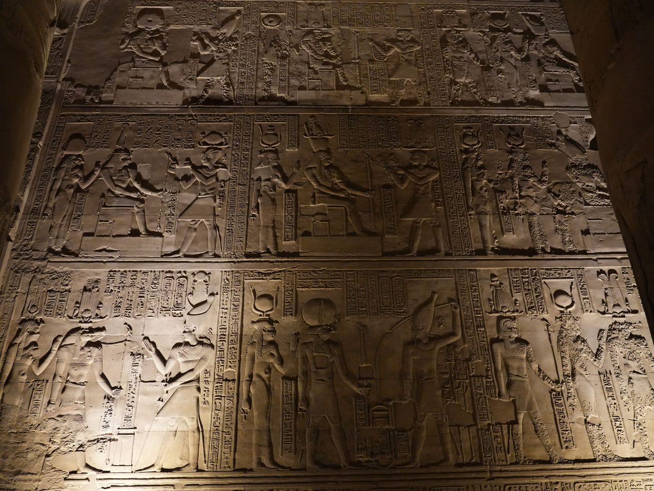 The stunning multi-layered carved reliefs and hieroglyphs at the Temple of Kom Ombo