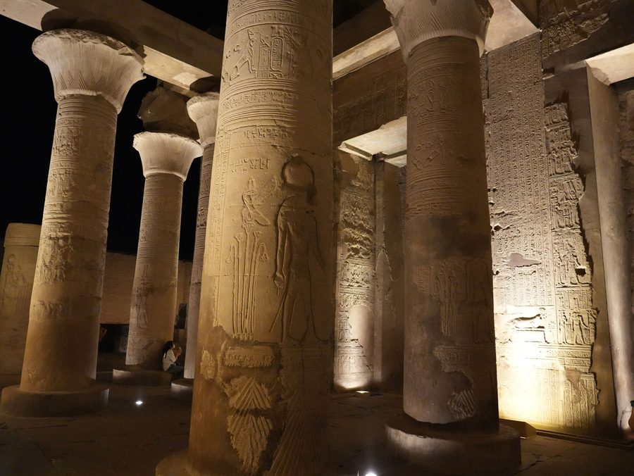 The majestic glowing pillars inside the historic Temple of Kom Ombo