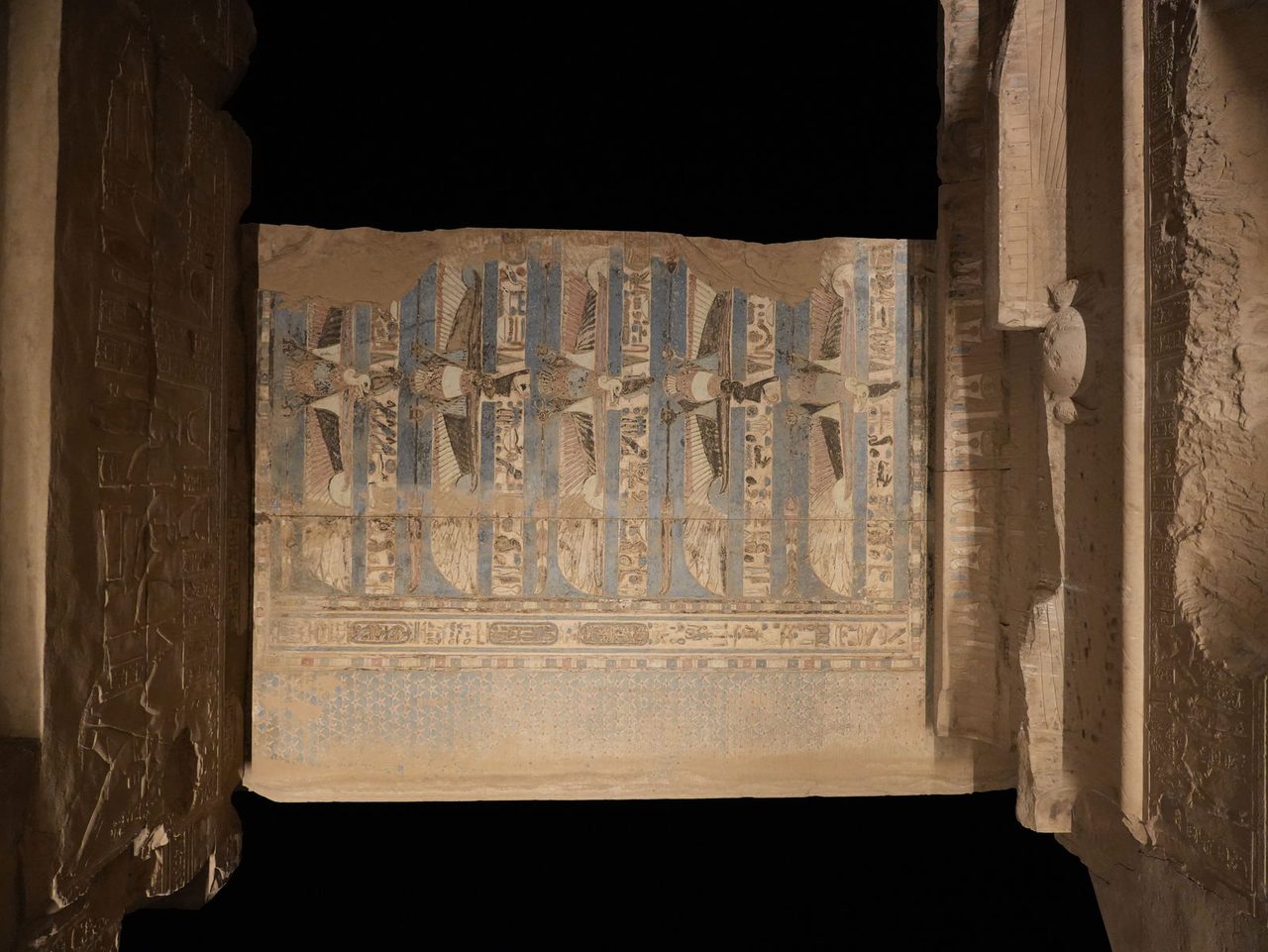 The stunningly vibrant painted ceilings left inside the Temple of Kom Ombo