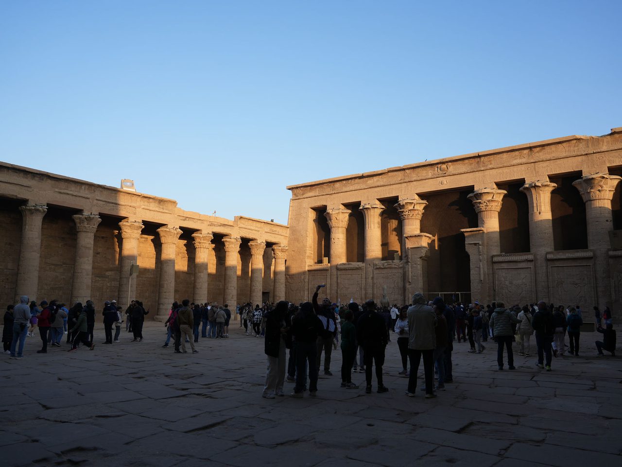 The grand inner courtyard and majestic colonnades of the Temple of Edfu