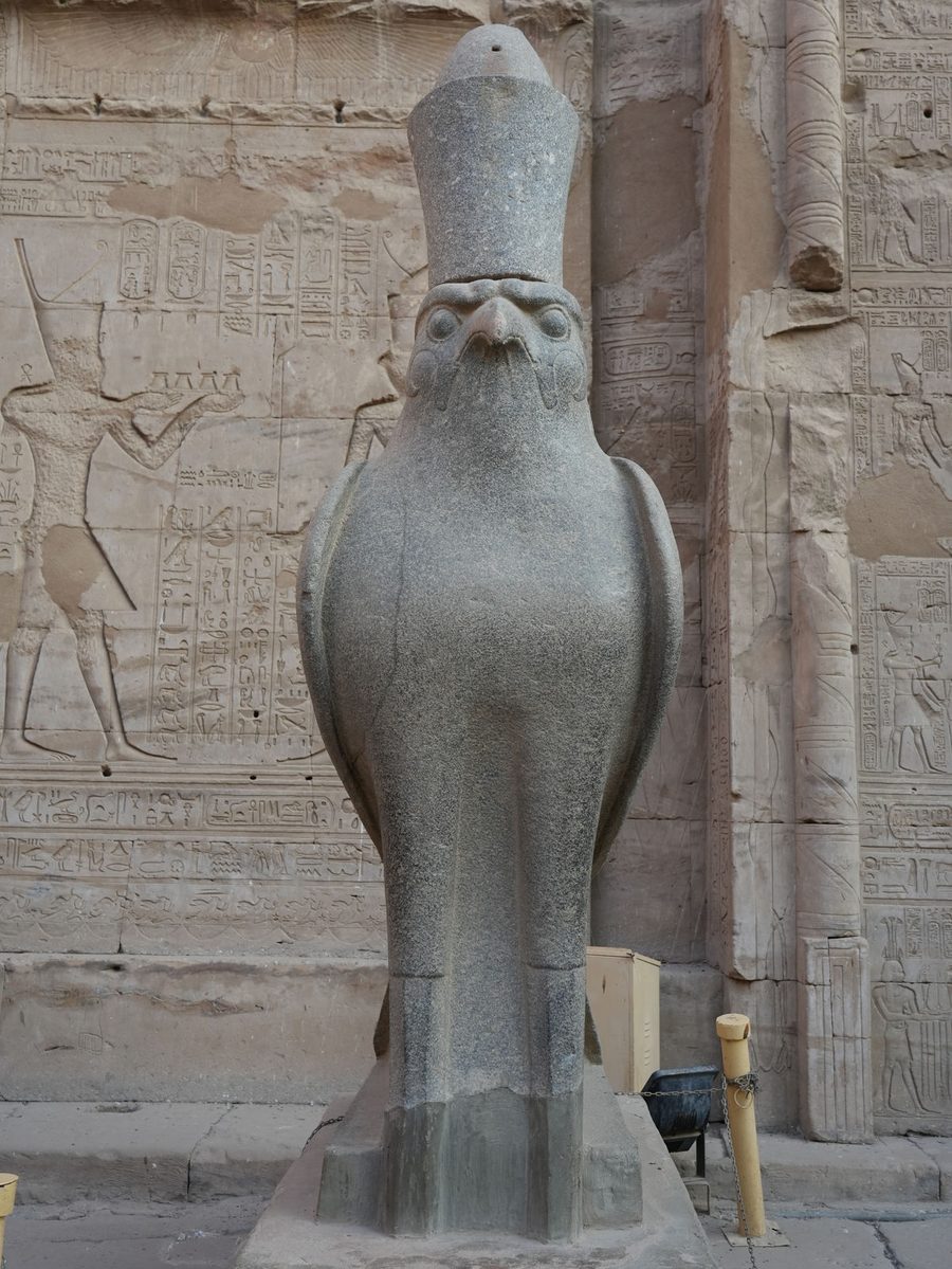 The Horus falcon statue wearing the double crown at the Temple of Edfu