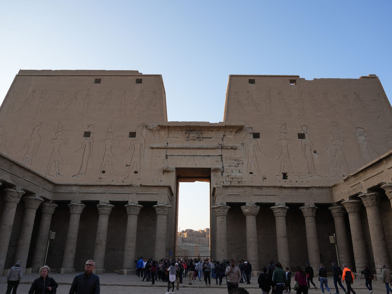 The majestic inner courtyard and grand colonnades of the Temple of Edfu