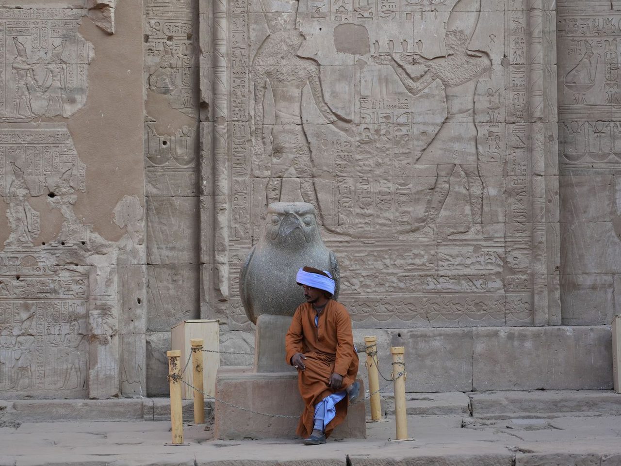 The Horus falcon statue in the courtyard at the Temple of Edfu