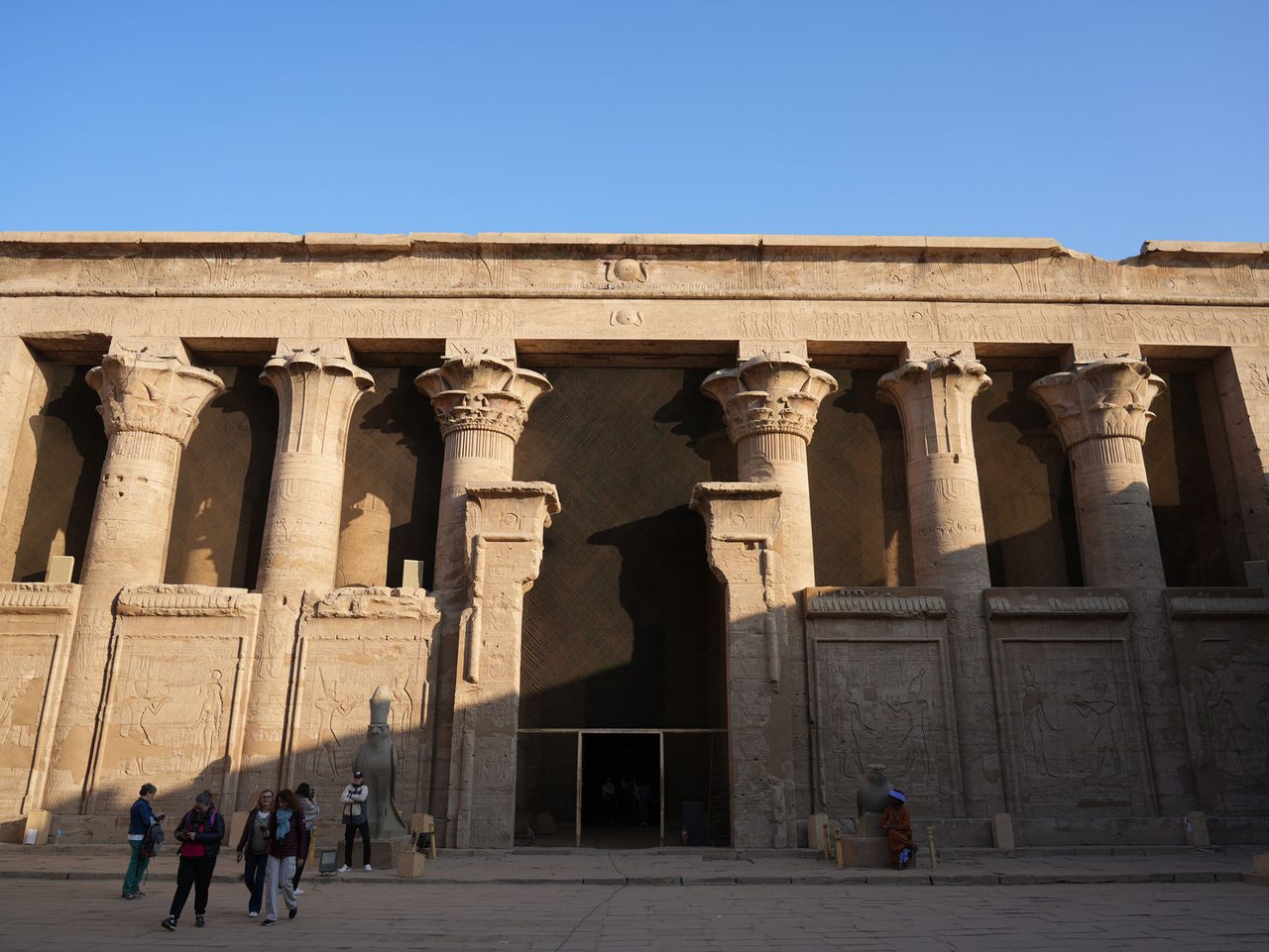 The hypostyle hall facade and entrance at the Temple of Edfu