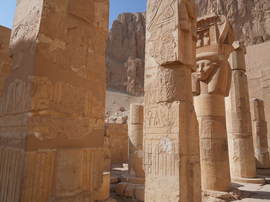 Hathor-headed pillars in the Chapel of Hathor at the Mortuary Temple of Hatshepsut