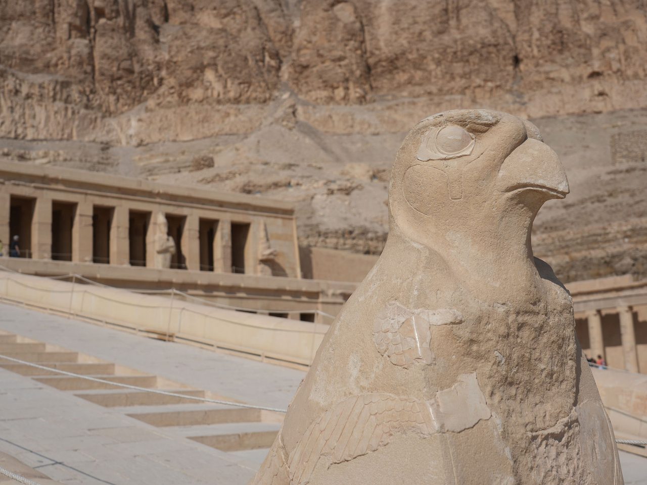 The falcon statue of Horus on the ramp of the Mortuary Temple of Hatshepsut