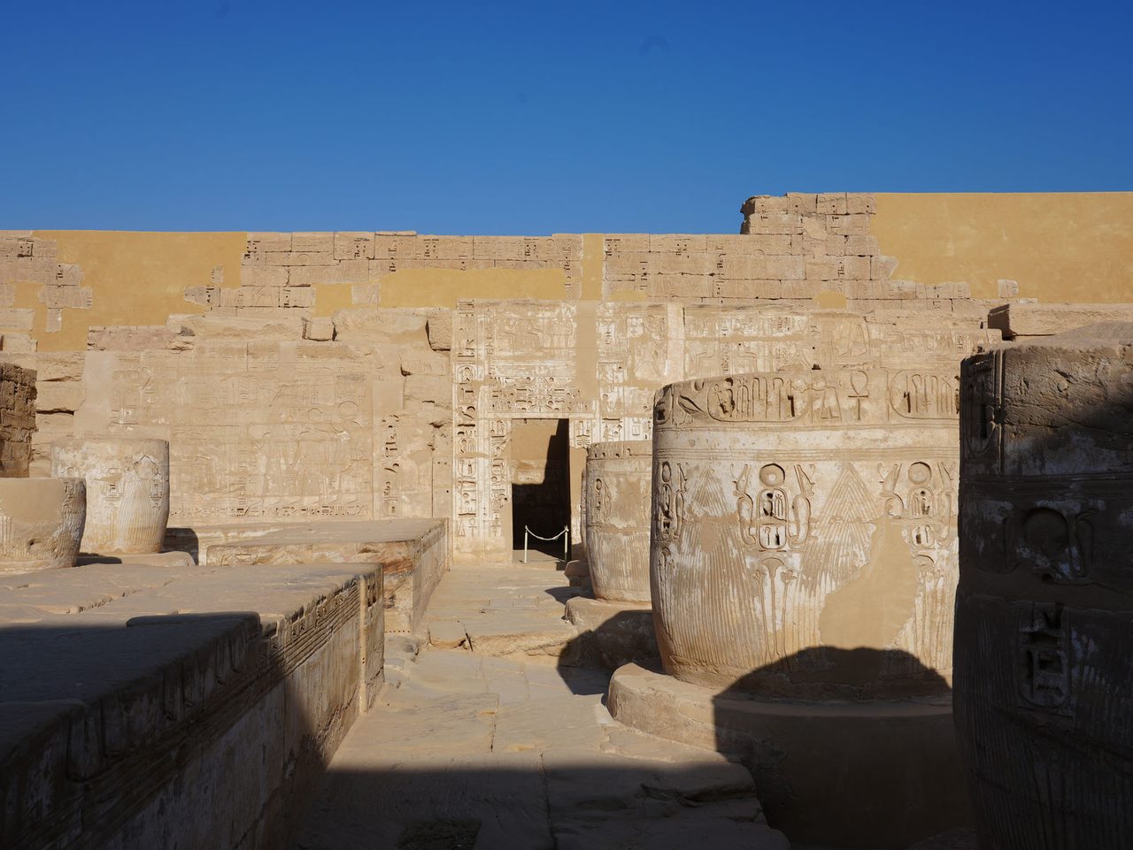 The ruined columns and interior courtyard at Medinet Habu