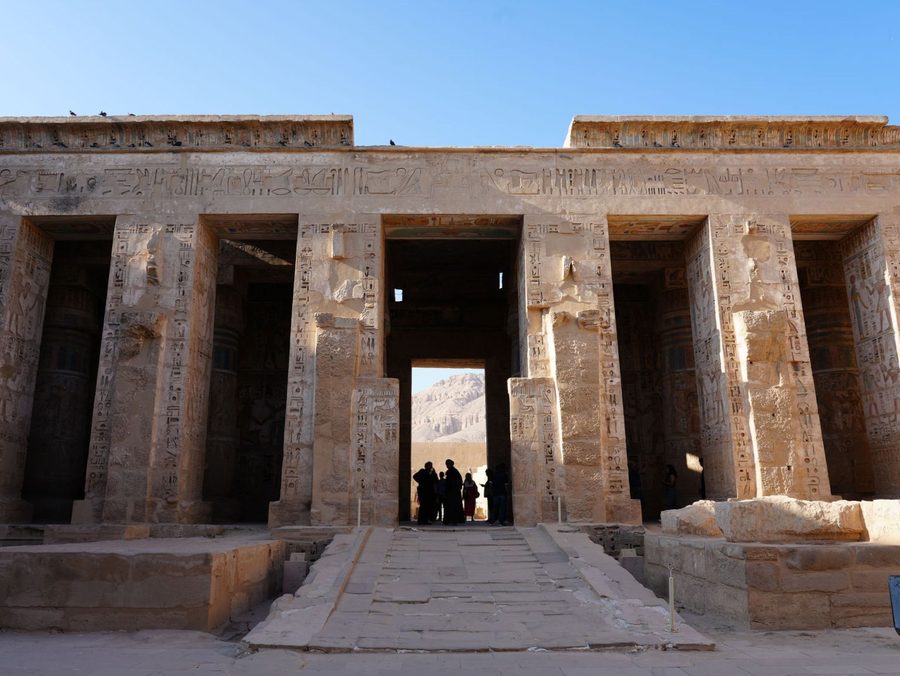 The grand columned portico and entrance to the hypostyle hall at Medinet Habu