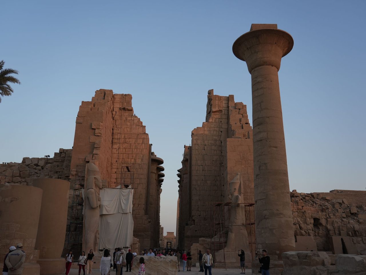 The great column of Taharqa and the second pylon entrance at Karnak Temple