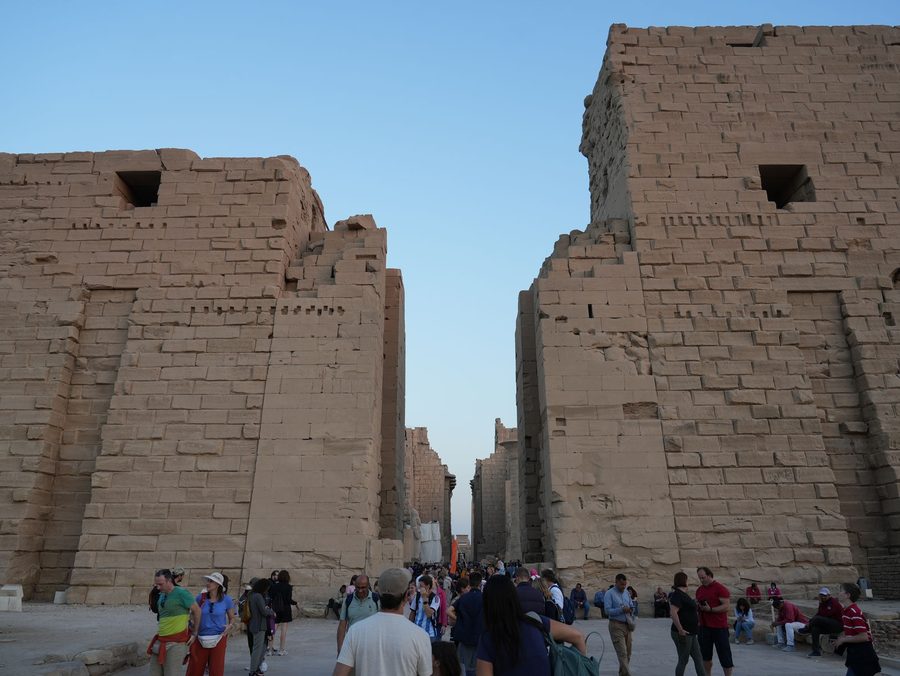 The monumental first pylon entrance and the western gateway at Karnak Temple