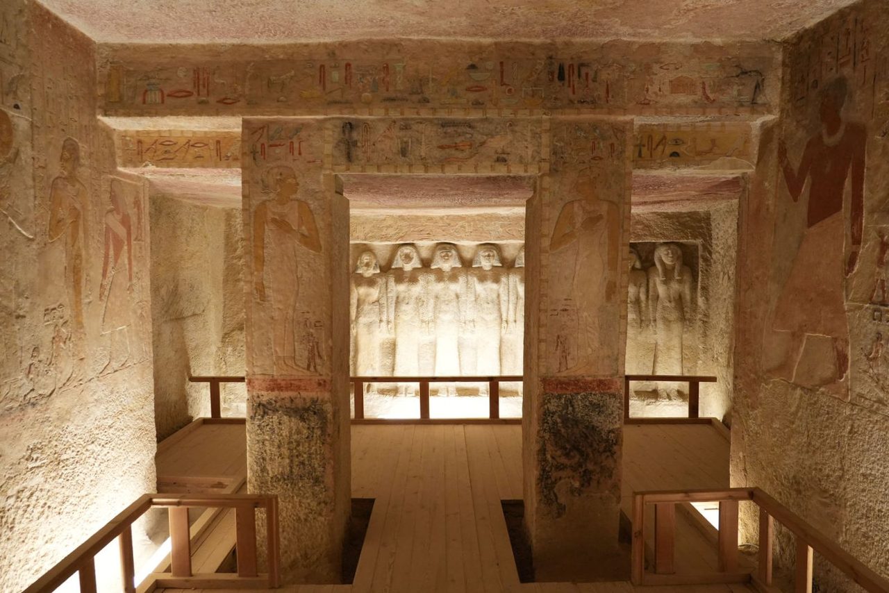 The stunning rock-cut reliefs inside the Tomb of Queen Meresankh III