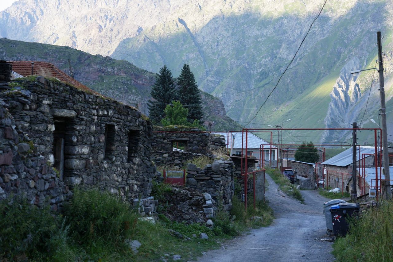 The old stone houses in Gergeti village