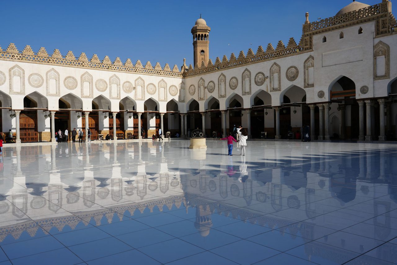 Perfect sky reflections on the marble courtyard of Al-Azhar Mosque