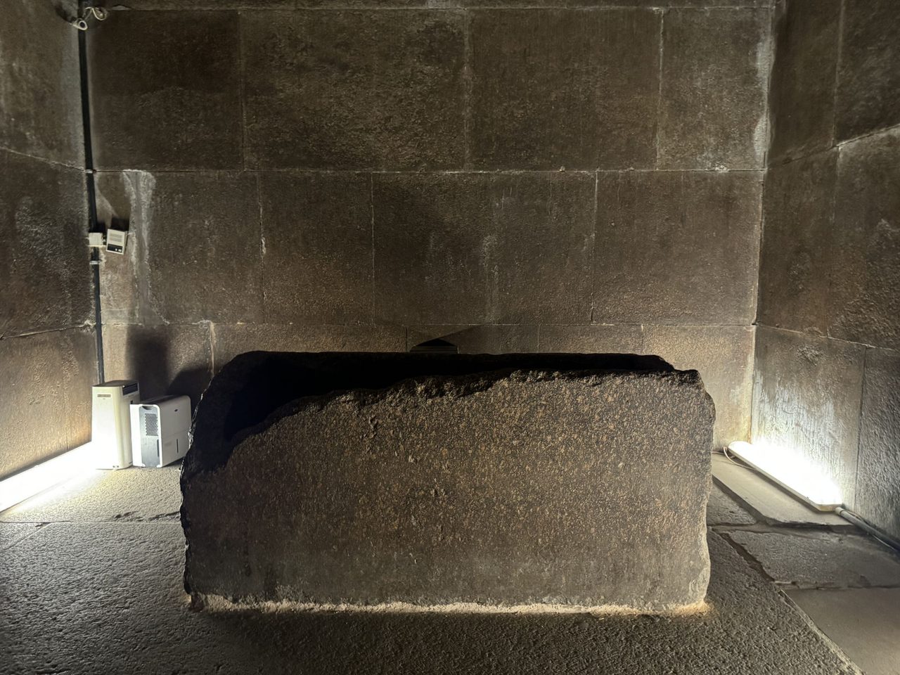 The ancient granite sarcophagus inside the King's Chamber of the Great Pyramid