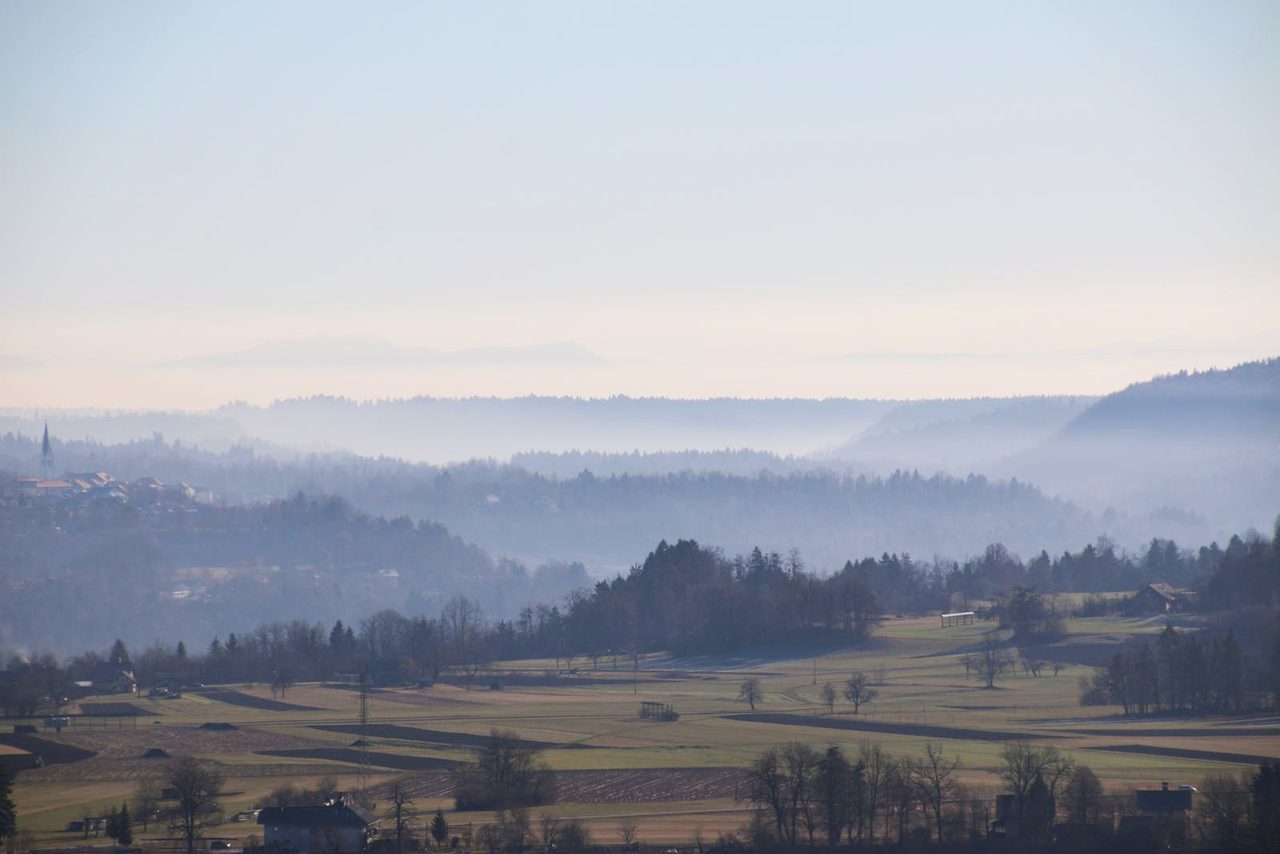 Misty morning view of the Slovenian countryside from Bled Castle