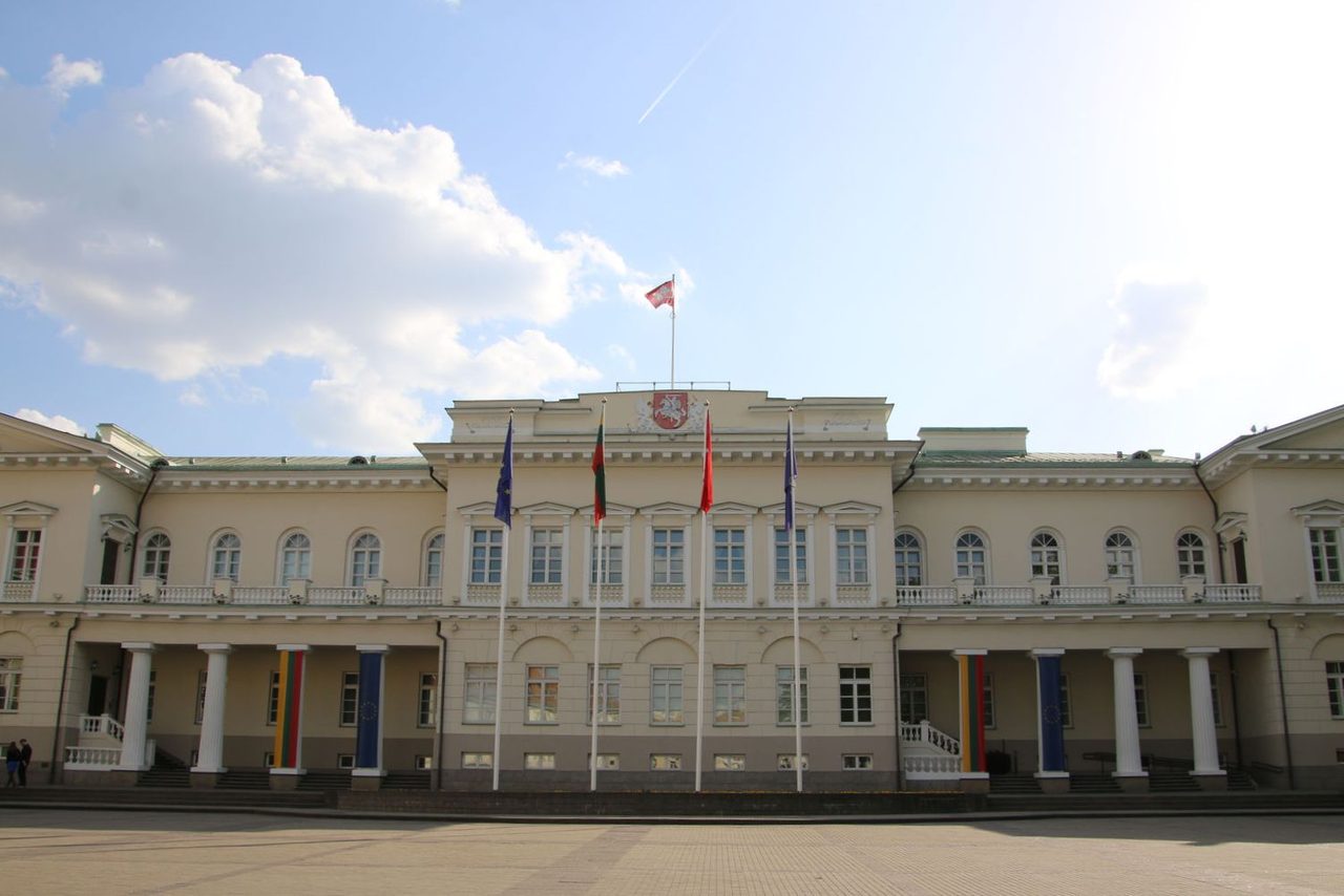 The Presidential Palace with national and institutional flags flying out front