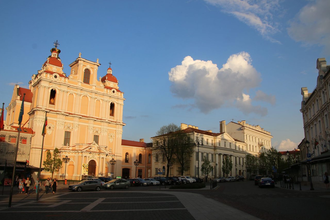 The Baroque facade of the Church of St Casimir facing the square