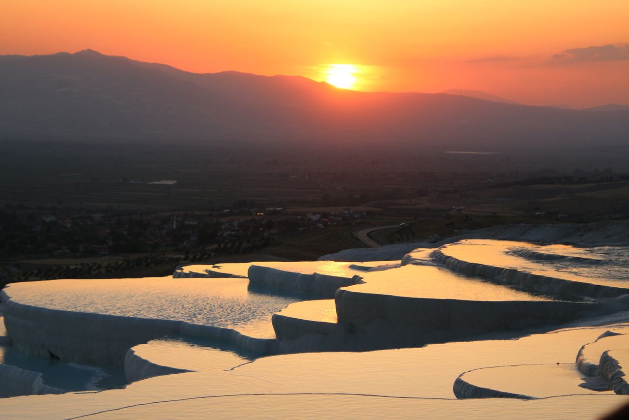 Sunset over Pamukkale travertines