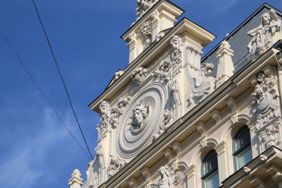 Art Nouveau sculpture against the blue sky