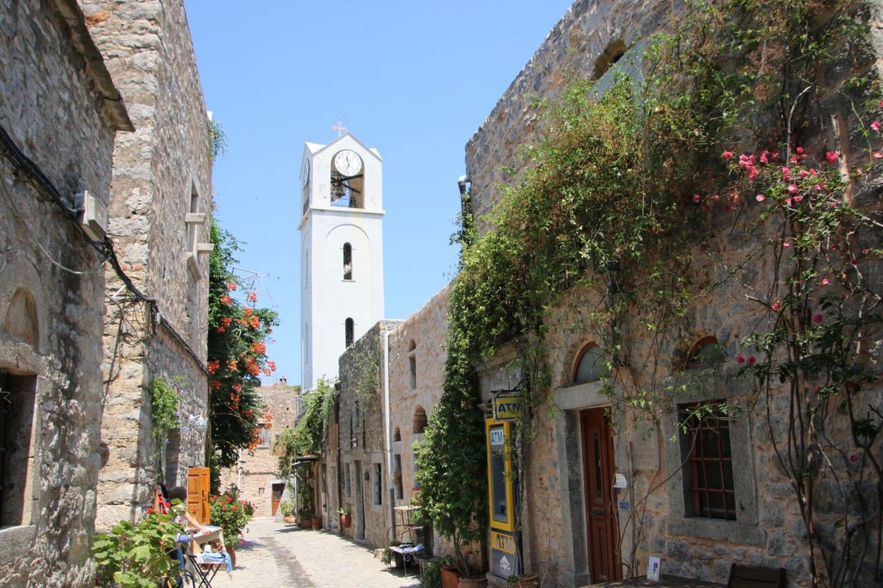 The white clock tower of Mesta Chios