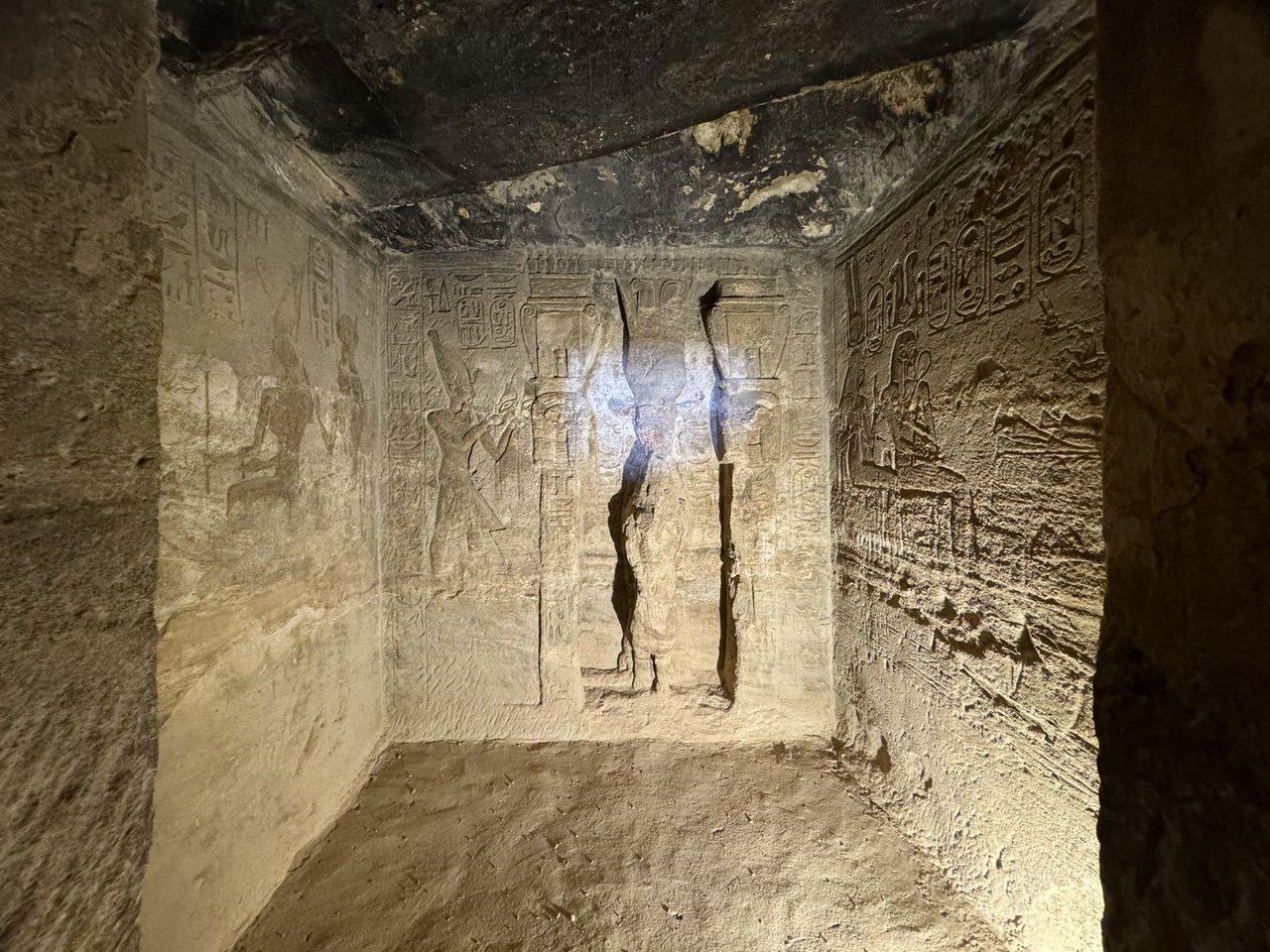 The sacred heart and ancient reliefs inside the Sanctuary of the Small Temple of Abu Simbel