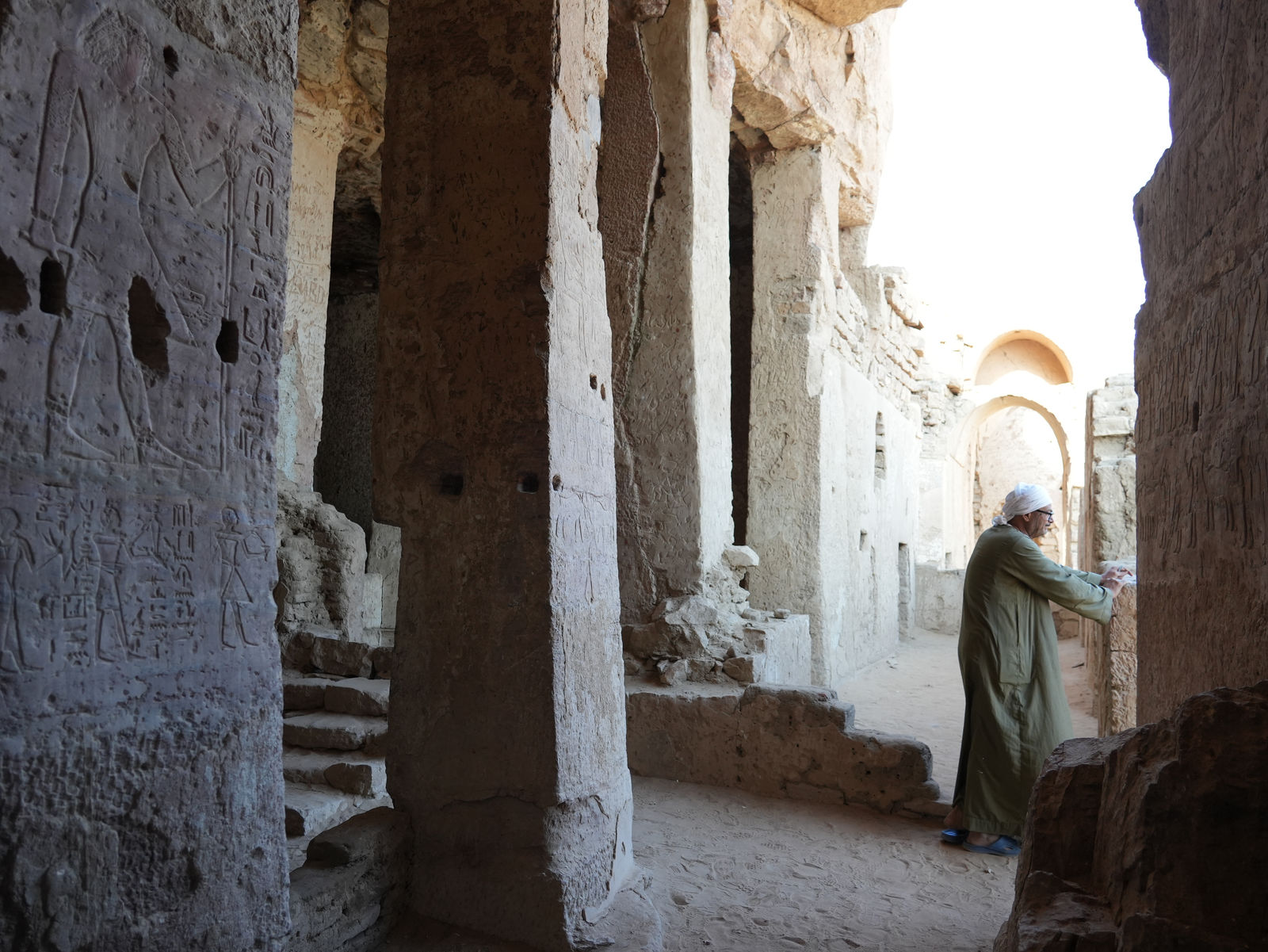 The stunning rock-cut reliefs and pillars inside the Tombs of the Nobles