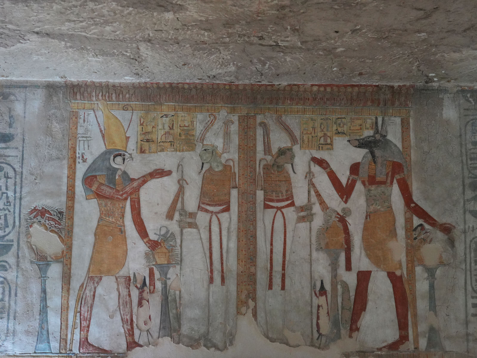 Vibrant wall paintings depicting Horus and Anubis inside KV14 in the Valley of the Kings