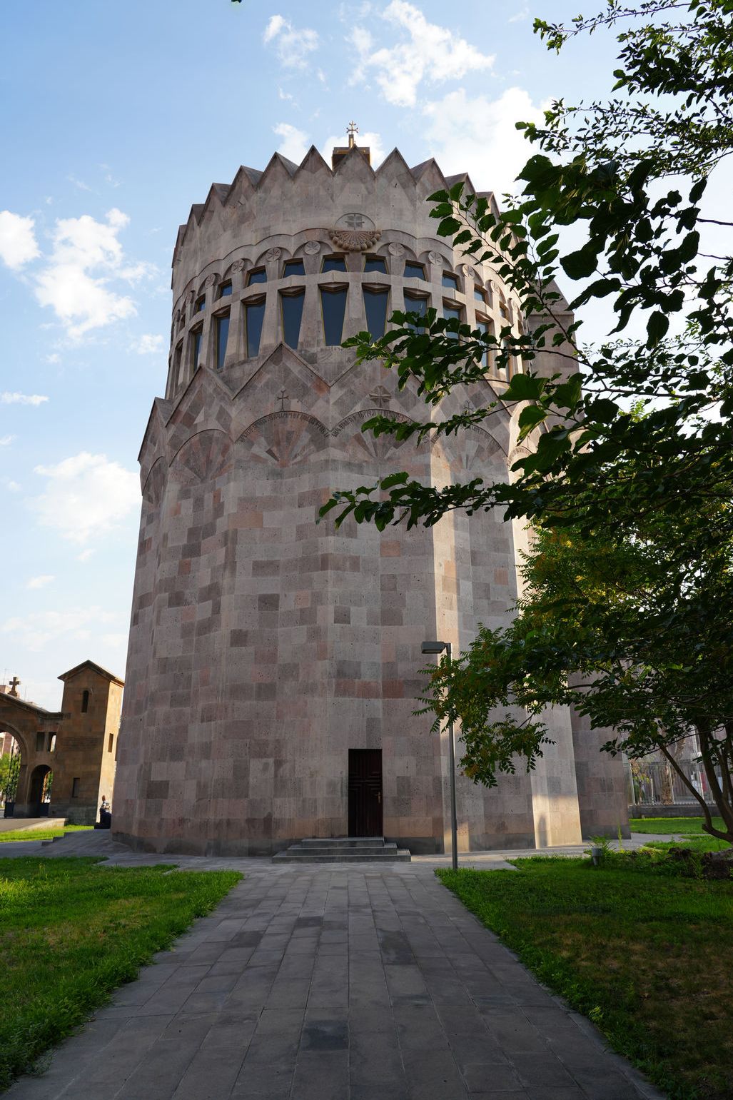 The striking round tower of the Church of the Holy Archangels