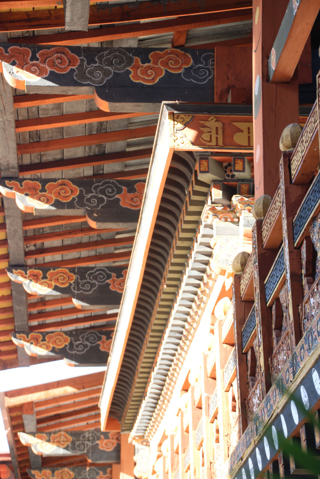 Intricate architectural details of the roof at Punakha Dzong