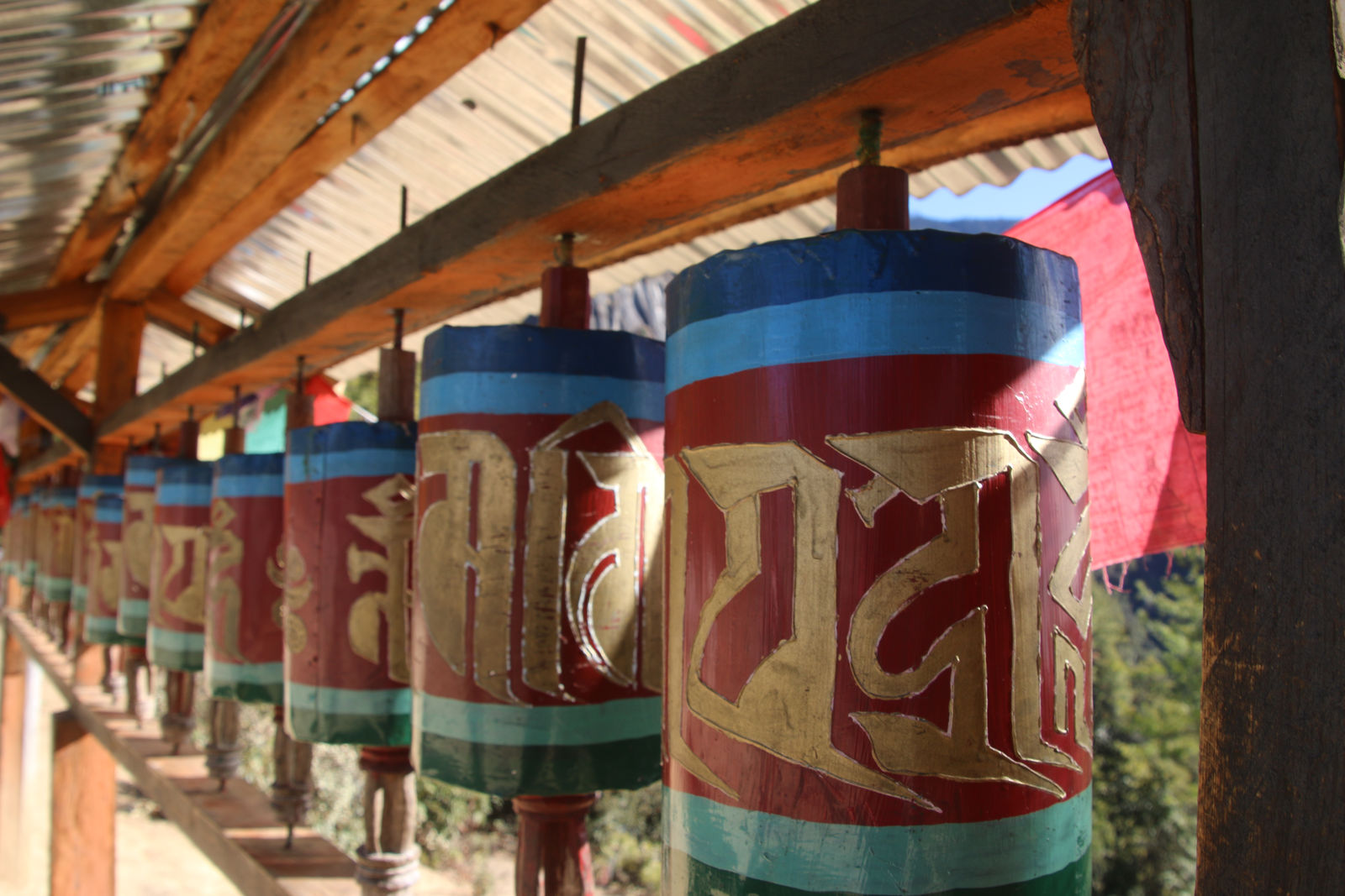 A row of Buddhist prayer wheels