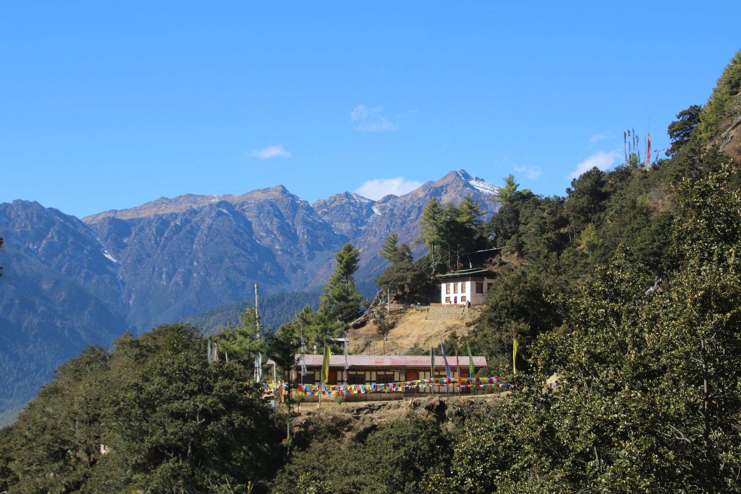 Taktsang Cafeteria surrounded by the mountains