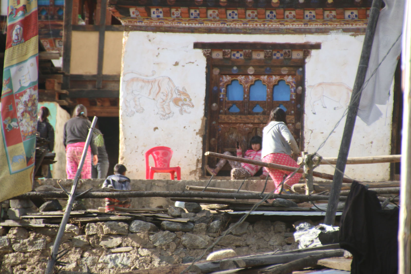 Traditional Bhutanese houses adorned with hand-painted tiger murals