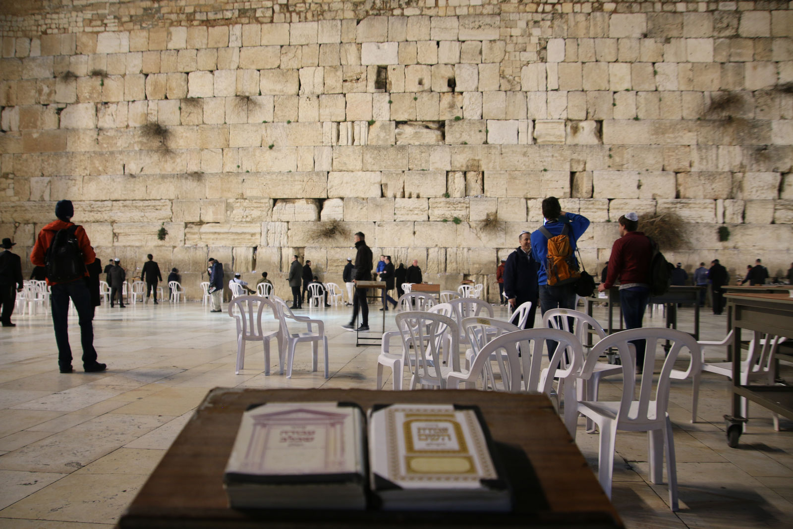 Prayer books looking toward The Western Wall