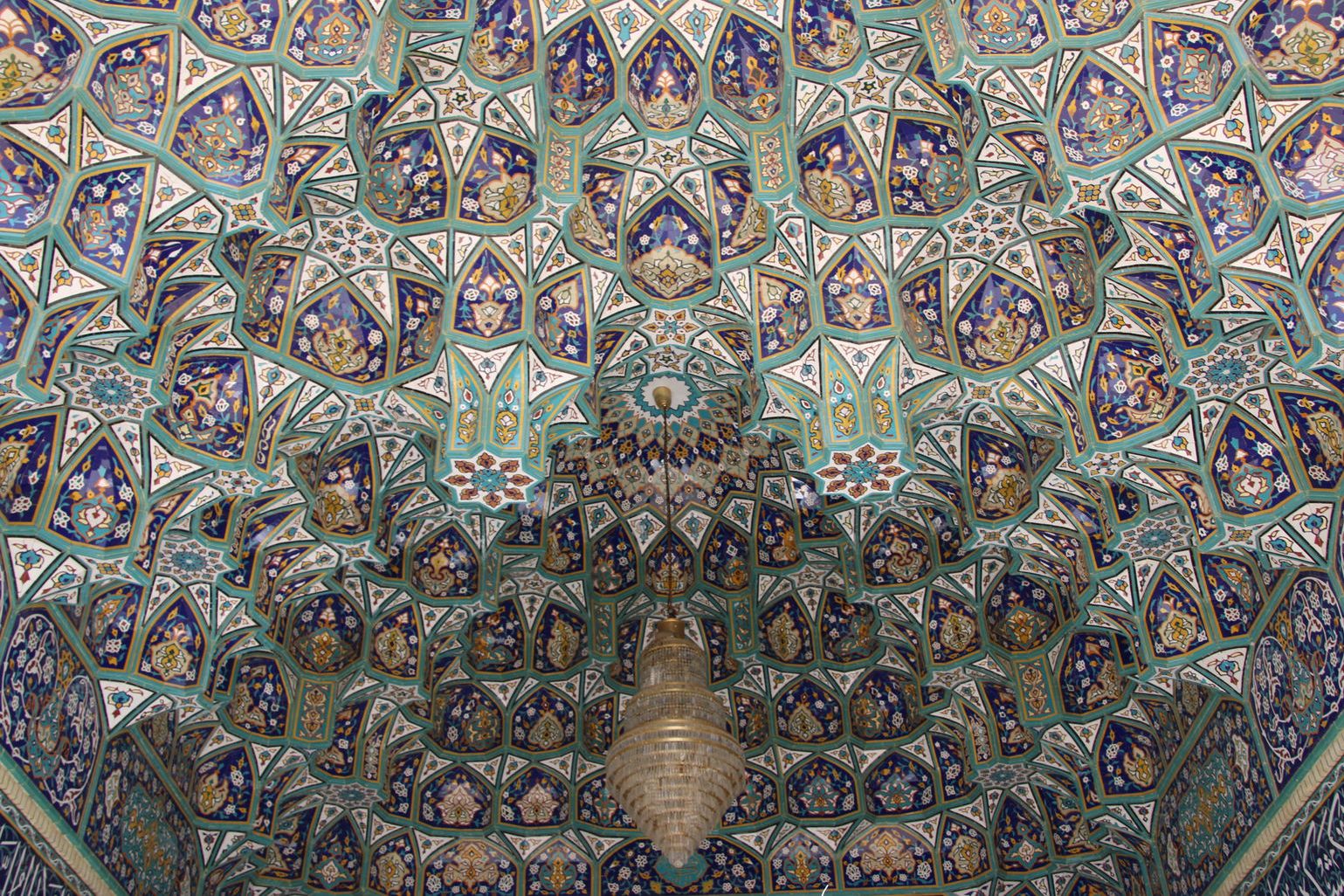 The breathtaking Muqarnas ceiling at Shah Cheragh